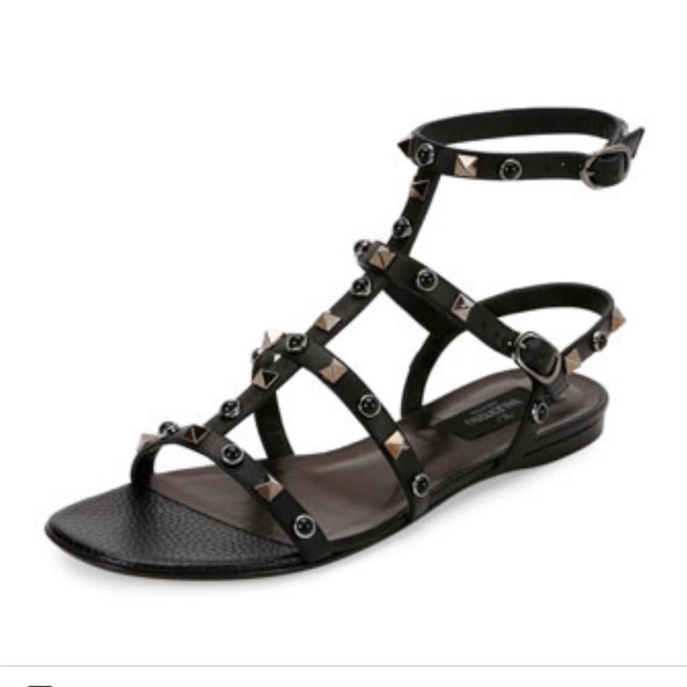 Valentino Garavani Rockstud Black Flat Sandals 7.5